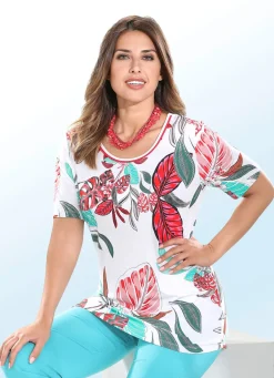 Clearance Charmantes Longshirt mit paspeliertem Halsausschnitt Damen Kurzarm