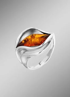 New Eleganter Damenring mit echt Bernstein Damen Ringe