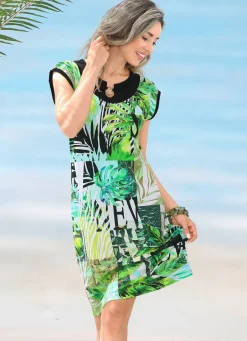 Damen Mona Strandkleider|Sommerkleider<Kleid mit farbbrillantem Druckdessin und überschnittenen Ärmeln