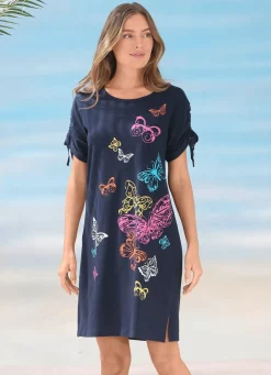 Damen Mona Strandkleider|Sommerkleider<Kleid mit platziertem Druckdessin und raffbaren Ärmeln