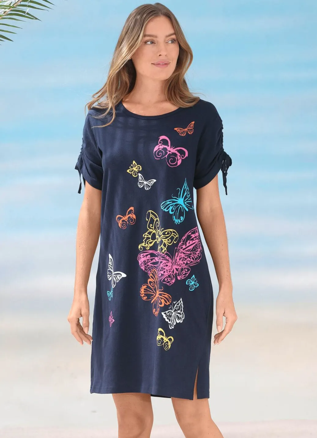 Damen Mona Strandkleider|Sommerkleider<Kleid mit platziertem Druckdessin und raffbaren Ärmeln