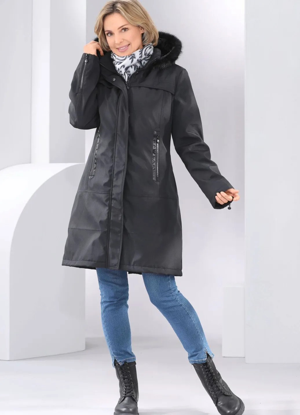 Damen Mona Wintermäntel<Kurzmantel mit festem Kunstpelz-Besatz