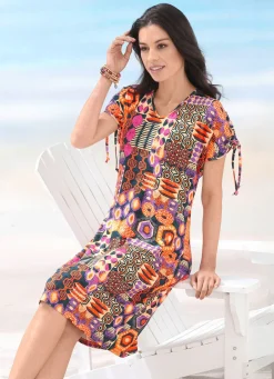 Damen Mona Strandkleider|Sommerkleider<Laurina Kleid mit farbbrillantem Druckdessin und kurzen Ärmeln