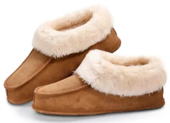 Outlet Leder-Hausschuhe mit flauschigem Innenfell Damen Hausschuhe