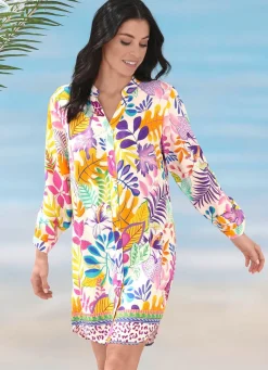 Damen Mona Strandkleider<Longbluse mit langen Ärmeln und Bordürendruck