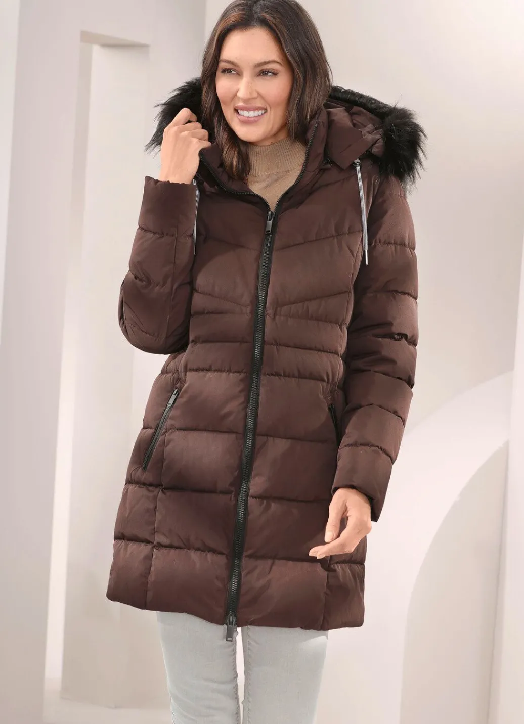 Damen Mona Winterjacken<Longjacke mit abnehmbarem Kunstpelz-Besatz