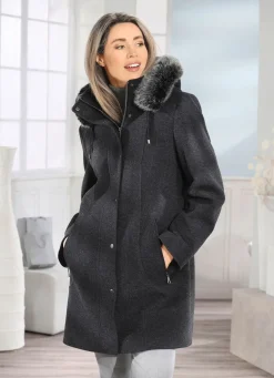 Damen Mona Wolljacken<Longjacke mit abnehmbarer Kapuze