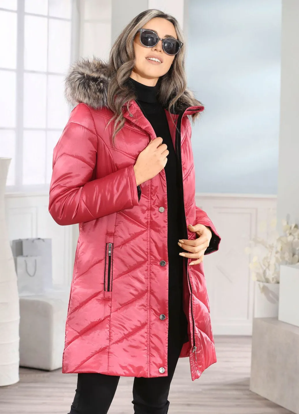 Damen Mona Winterjacken<Longjacke mit umschlagbaren Ärmeln in Kontrast