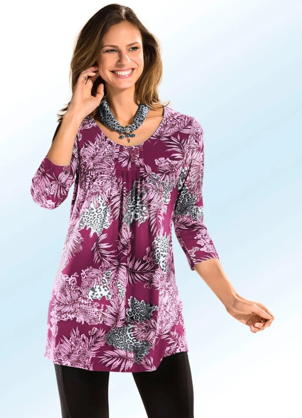 Clearance Longshirt mit Allover-Dessin in 3 Farben Damen Longshirts