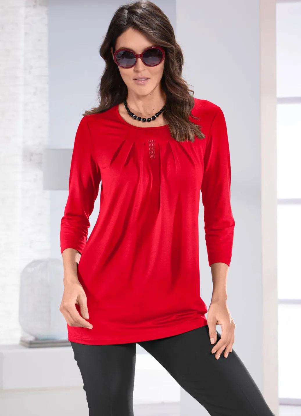 Best Longshirt mit dezenter Faltenlegung in 2 Farben Damen Shirts Mit Strass|Longshirts
