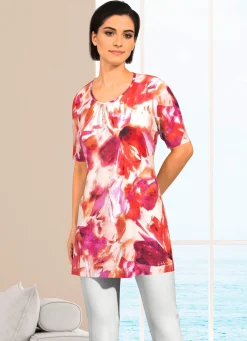 Damen Mona Kurzarm<Longshirt mit dezenter Kräuselung im Vorderteil