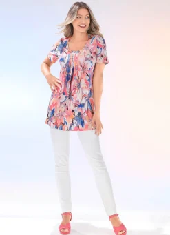 Outlet Longshirt mit Faltenlegung am Halsausschnitt in 2 Farben Damen Kurzarm