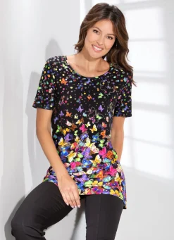 Discount Longshirt mit farbbrillantem Inkjet-Druck Damen Shirts Mit Strass|Kurzarm