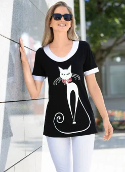 Online Longshirt mit Katzen-Motiv Damen Shirts Mit Strass|Kurzarm