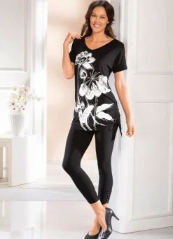 Discount Longshirt mit Kontrastdruck Damen Shirts Mit Strass|Kurzarm
