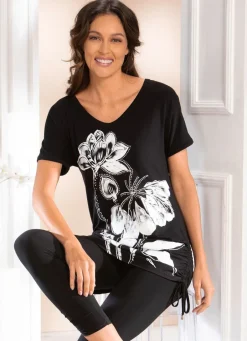 Discount Longshirt mit Kontrastdruck Damen Shirts Mit Strass|Kurzarm