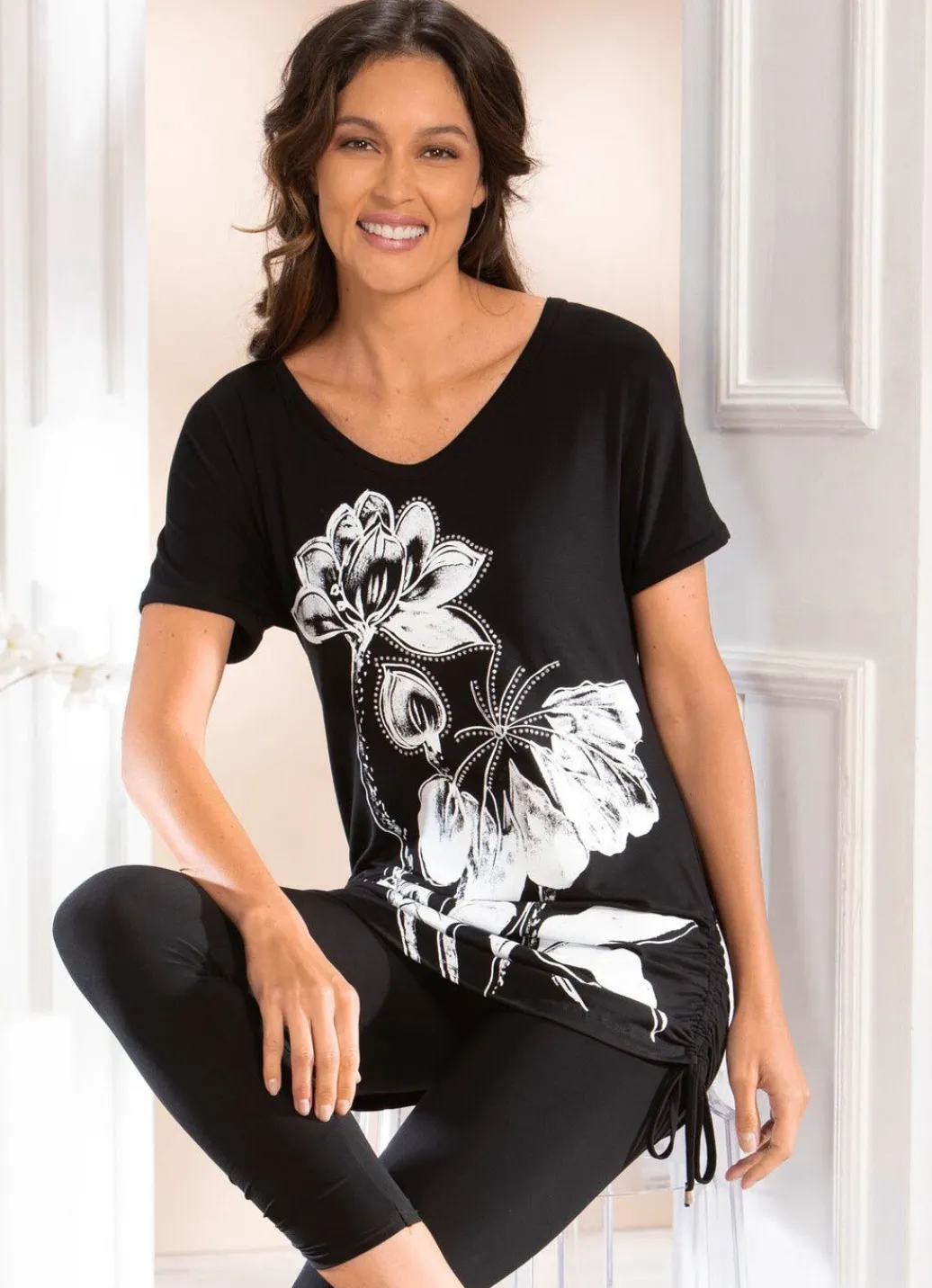 Discount Longshirt mit Kontrastdruck Damen Shirts Mit Strass|Kurzarm