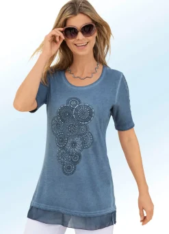 Hot Longshirt mit Spitzeneinsatz an den Ärmeln in 3 Farben Damen Shirts Mit Strass|Kurzarm