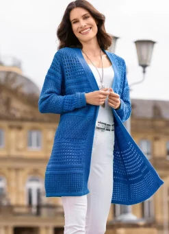 Online Long-Strickjacke in Struktur- und Ajourmustermix Damen Strickjacken|Basics