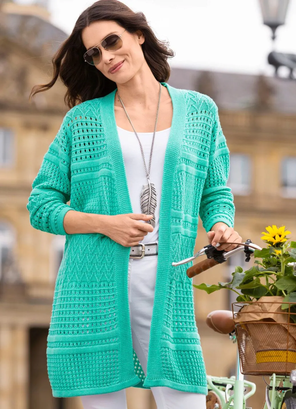 Outlet Long-Strickjacke in Struktur- und Ajourmustermix Damen Strickjacken|Basics