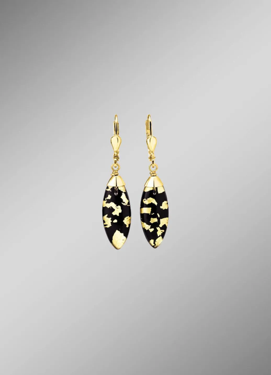 Damen Mona Ohrschmuck<Ohrringe mit Onyx, beh. und Bergkristall mit Blattgold-Triplette
