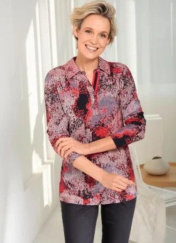 Clearance Poloshirt mit Allover-Druck Damen Langarm