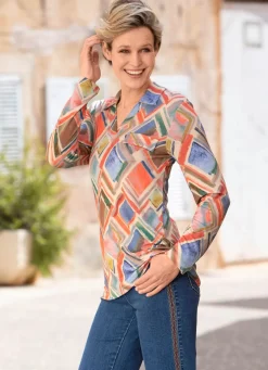 Poloshirt mit angedeuteten Pattentasche Damen Shirts Mit Strass|Langarm