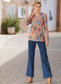 Poloshirt mit angedeuteten Pattentasche Damen Shirts Mit Strass|Langarm