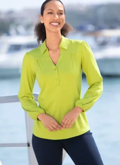 New Poloshirt mit kurzer Knopfleiste in 2 Farben Damen Langarm