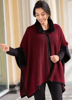 Hot Poncho mit Kunstpelzbesätzen Damen Strickwesten|Strickjacken