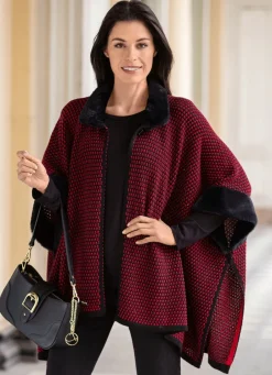 Hot Poncho mit Kunstpelzbesätzen Damen Strickwesten|Strickjacken