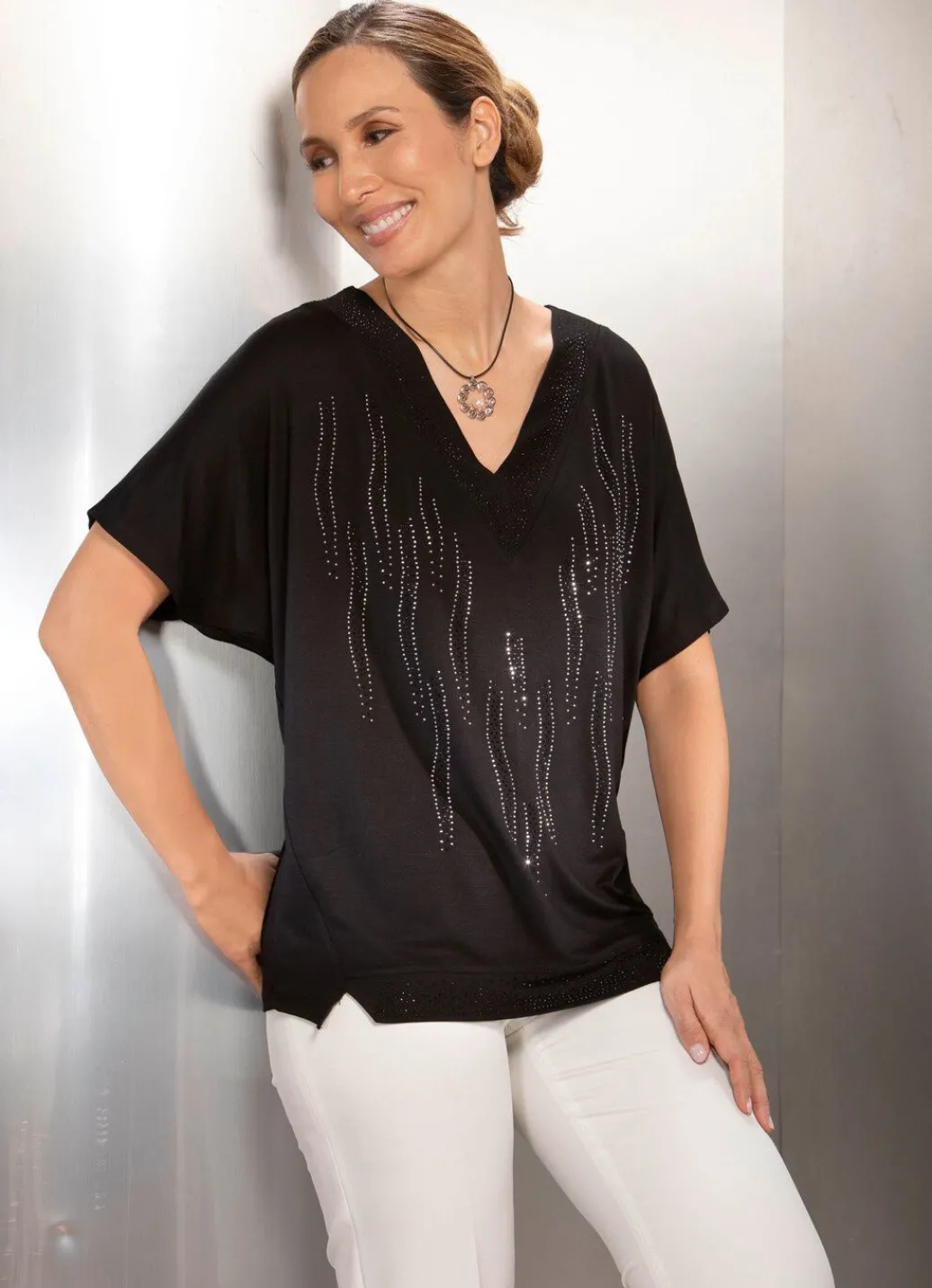 Damen Mona Basics|Abendmode<Poncho-Tunika mit Ziersteinen