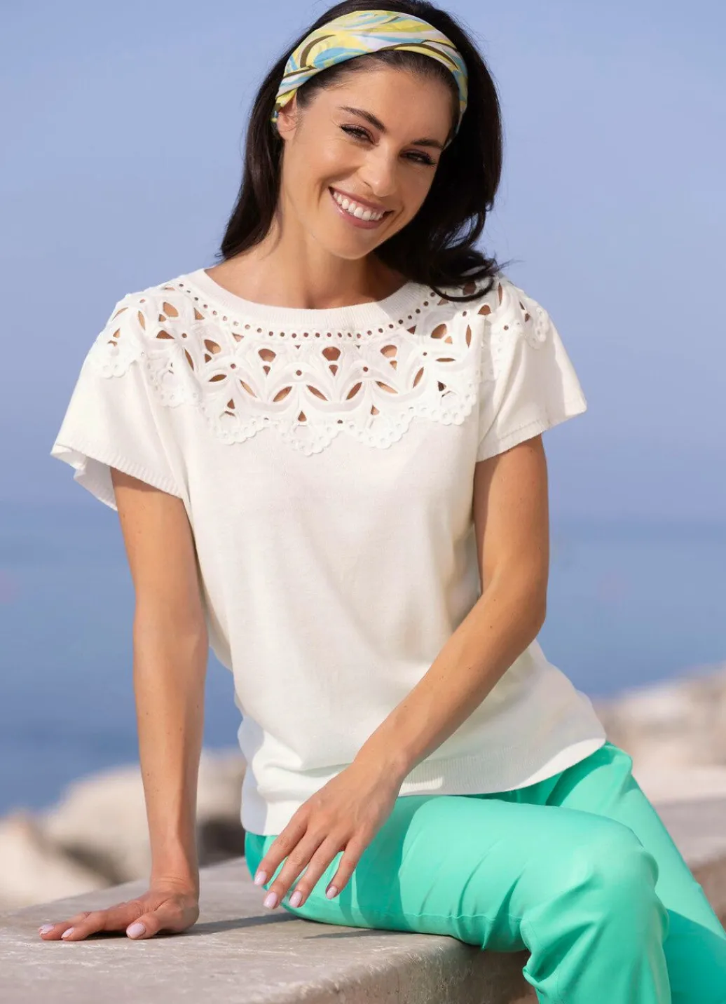 Damen Mona Pullover|Basics<Pullover in Materialmix mit Spitze