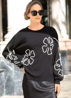 Damen Mona Abendmode|Pullover<Pullover mit aufwendigen Blütenapplikationen