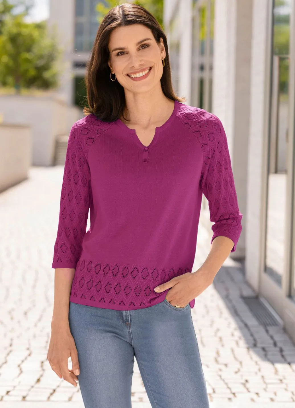 Damen Mona Basics|Pullover<Pullover mit dekorativem Halsausschnitt