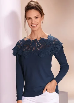 Damen Mona Pullover|Basics<Pullover mit edlem Spitzenbesatz