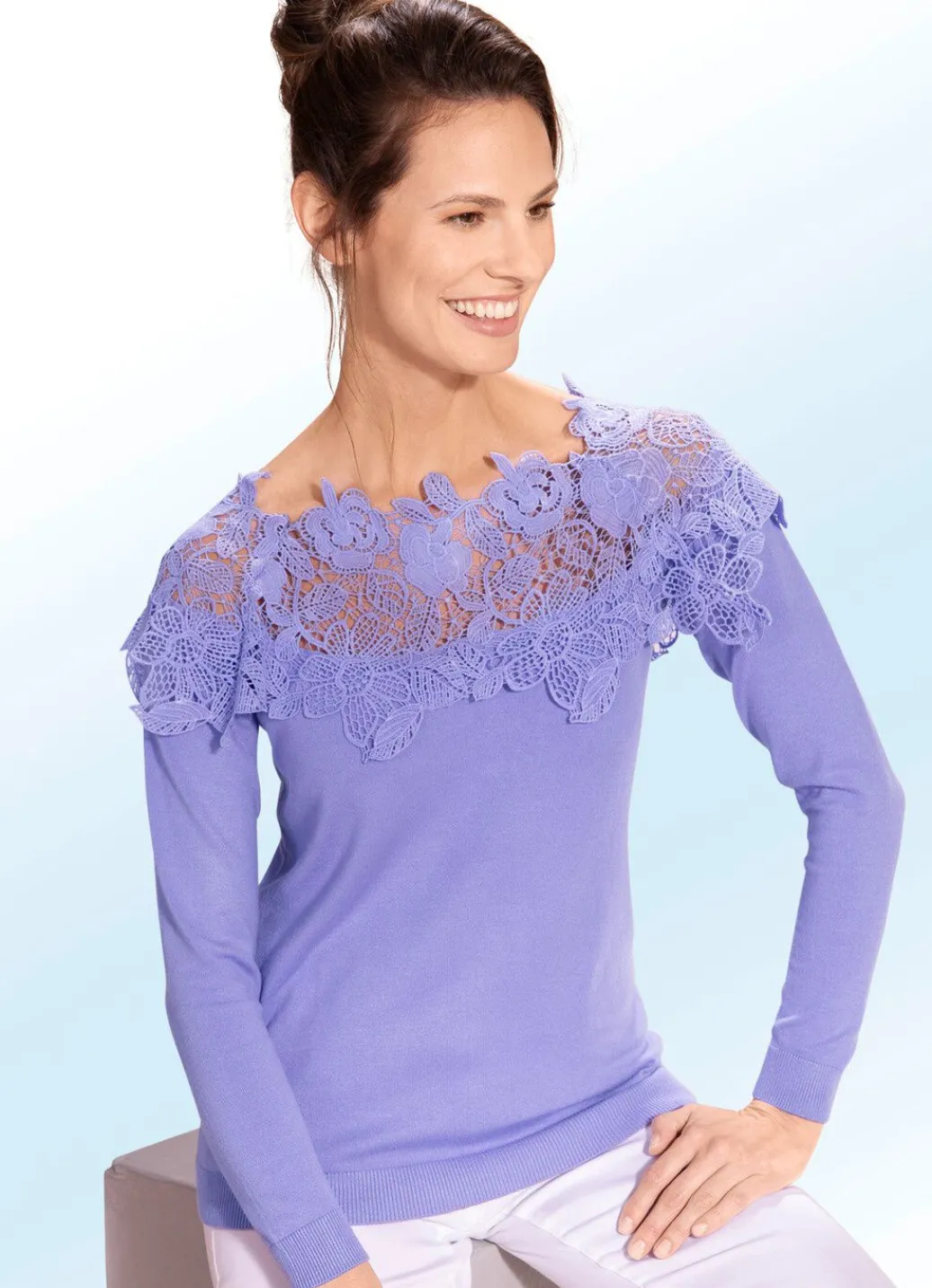 Damen Mona Pullover|Basics<Pullover mit edlem Spitzenbesatz