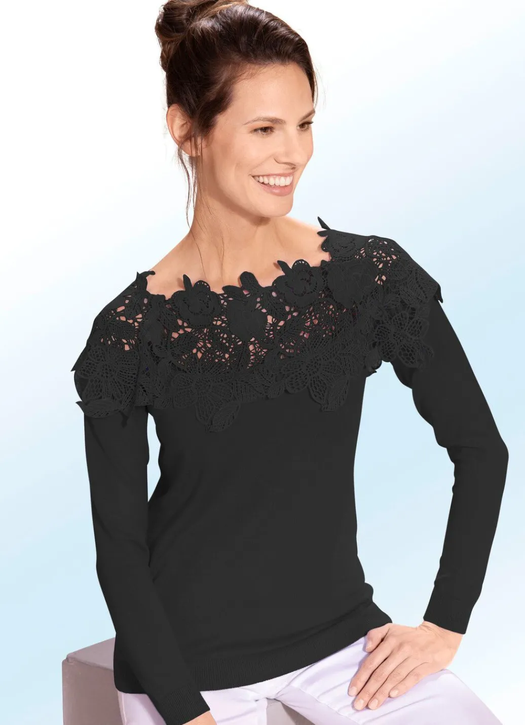 Damen Mona Pullover|Basics<Pullover mit edlem Spitzenbesatz