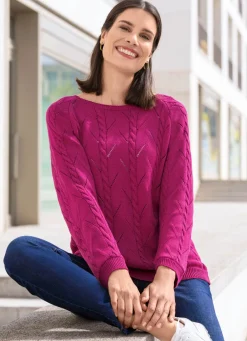 Damen Mona Basics|Pullover<Pullover mit Zopfstrukturen und Ajourmustermix