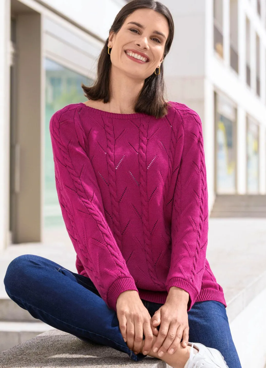Damen Mona Basics|Pullover<Pullover mit Zopfstrukturen und Ajourmustermix