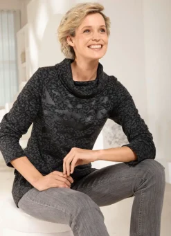 Outlet Rollkragenshirt mit Kontrastdruck Damen Langarm