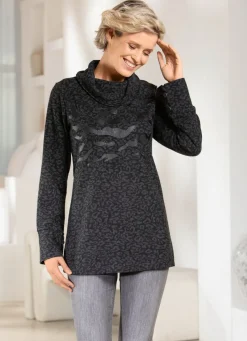 Outlet Rollkragenshirt mit Kontrastdruck Damen Langarm