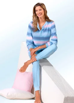 Damen Mona Schlafanzüge<Schlafanzug aus Frottierstretch mit garngefärbtem Ringeldessin