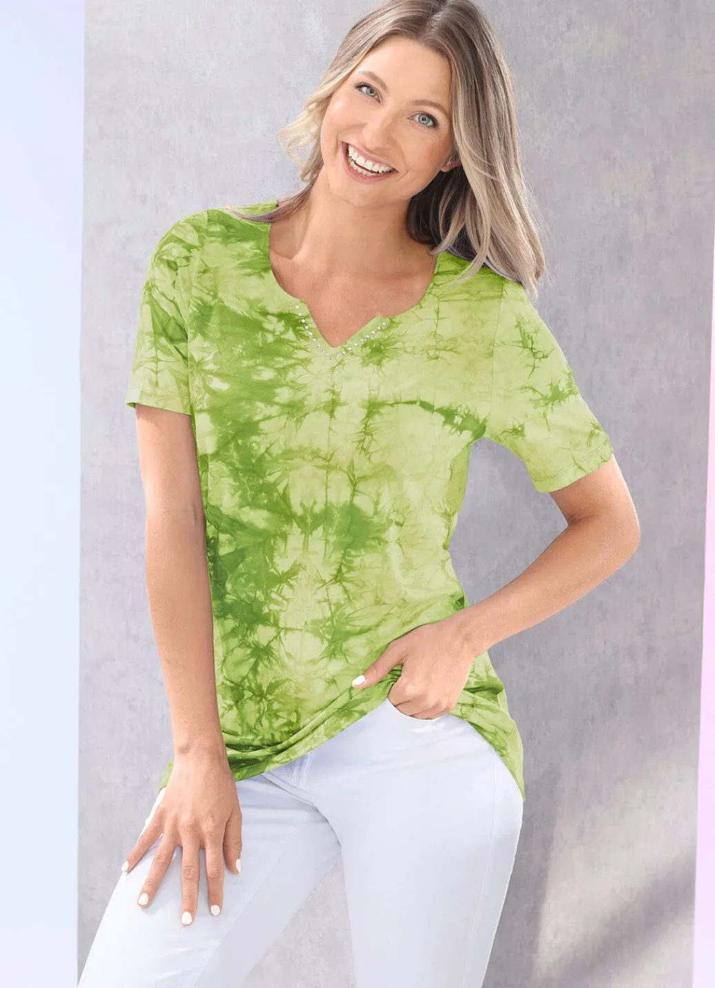 New Shirt in Batik-Optik in 2 Farben Damen Shirts Mit Strass|Kurzarm