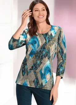 Clearance Shirt in farbbrillantem Allover-Druck Damen Kurzarm