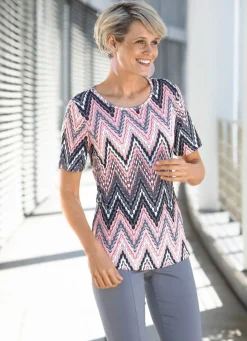 Clearance Shirt mit Allover-Dessin in 2 Farben Damen Kurzarm