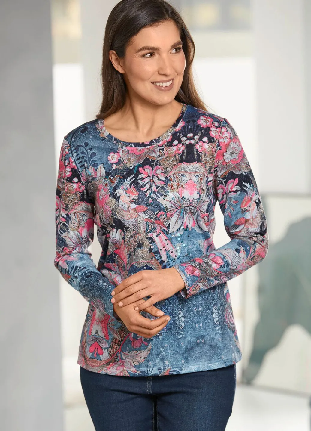 Outlet Shirt mit Alloverdruck Damen Langarm