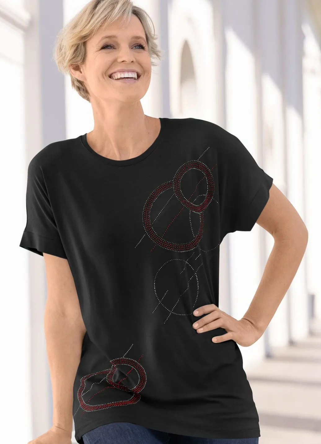 Sale Shirt mit überschnittener Schulterpartie Damen Shirts Mit Strass|Kurzarm