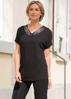 Outlet Shirt mit breiter, strassverzierter Blende Damen Shirts Mit Strass|Kurzarm