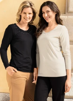 Hot Shirt mit charmanter Verarbeitung in 2 Farben Damen Shirts Mit Strass|Langarm
